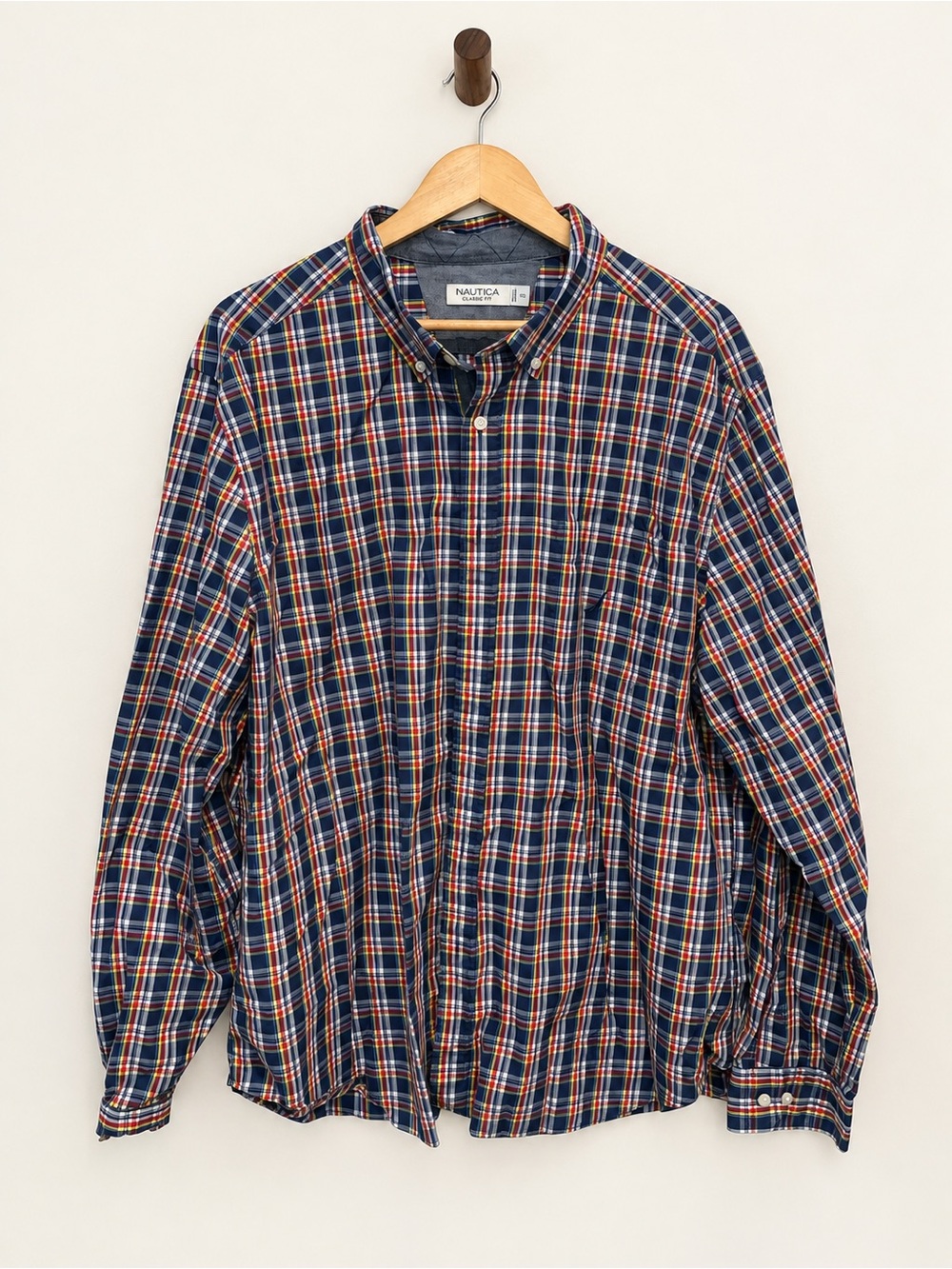 Nautica Men’s XXL Classic Fit Navy Plaid Long Sleeve Cotton Button-Down Shirt